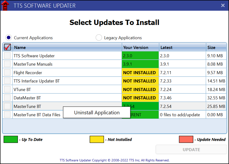 TTS Software Updater uninstall context menu